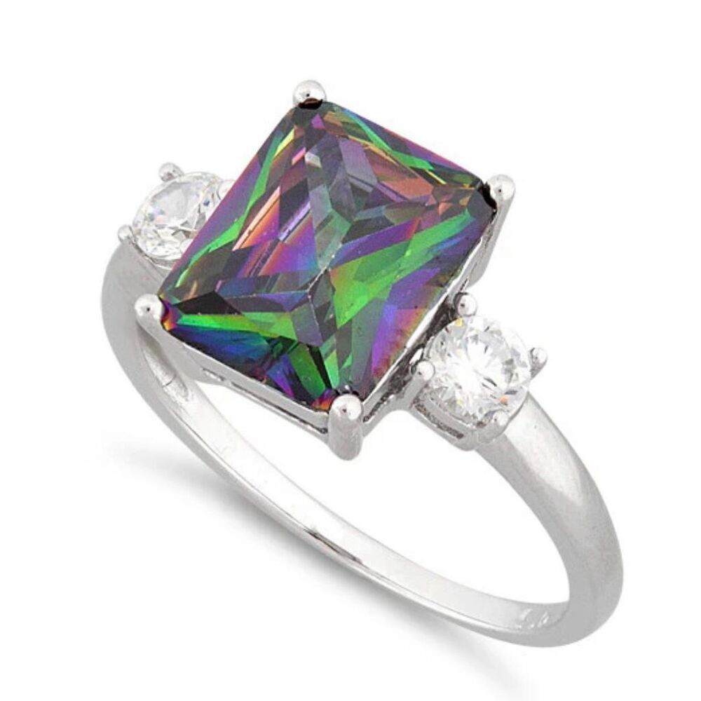 Sterling Silver Triple Rectangular Rainbow Mystic Topaz Ring
